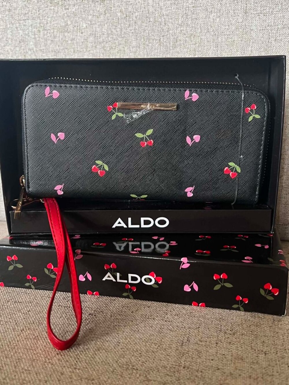 NEW Aldo Cherry Print Wristlet Black Textured Pink/Red